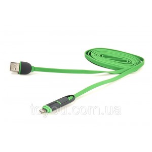 Кабель PowerPlant Quick Charge 2A 2-в-1 flat USB 2.0 AM – Lightning/Micro 2м green