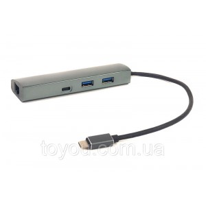 Перехідник PowerPlant USB 3.0 2 порти + 1 порт Type-C USB 3.1 + Gigabit Ethernet