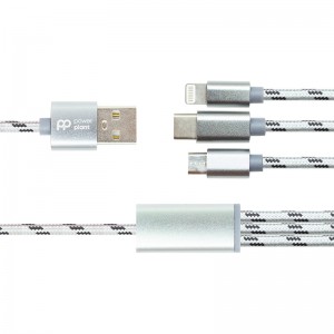 Кабель PowerPlant 2.1 A 3-в-1 USB AM - Type-C/Lightning/Micro, 1.2 м, сірий