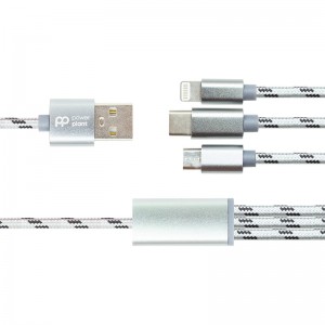 Кабель PowerPlant 2.1A 3-в-1 USB AM - Type-C/Lightning/Micro, 1.2м, серый