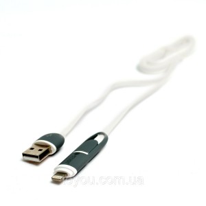 Кабель PowerPlant Quick Charge 2A 2-в-1 flat USB 2.0 AM – Lightning/Micro 1м white