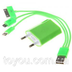 4в1 Кабель-адаптер кольоровий + ЗУ Універсальне USB to Apple 30p/8p Lightning, micro USB для iPhone 3/4/4s/5,
