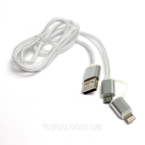 Кабель PowerPlant Quick Charge 2A 2-в-1 cotton USB 2.0 AM – Lightning/Micro 1м silver